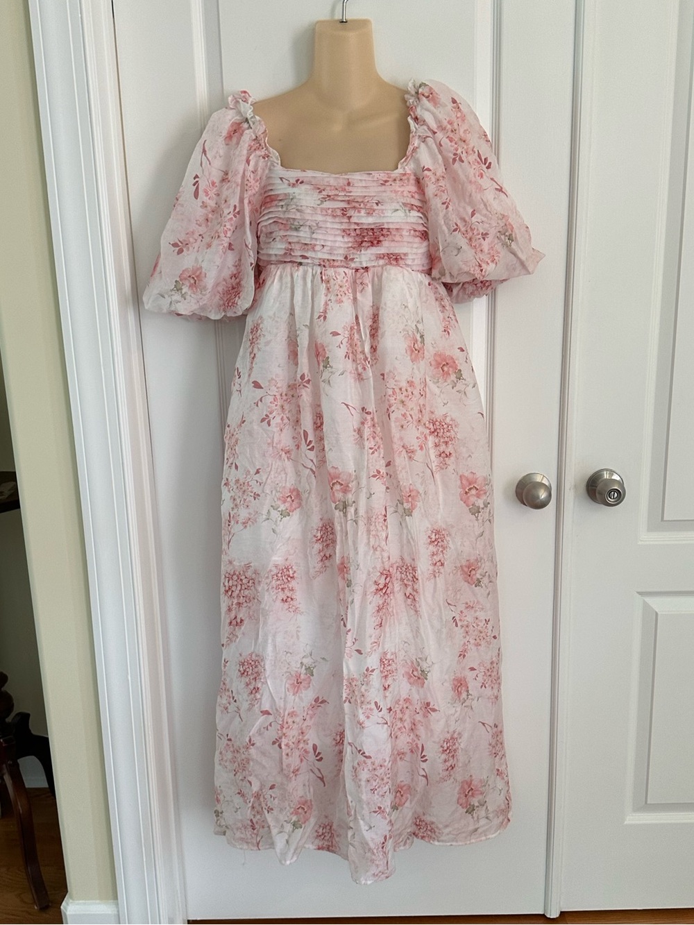 Worth Collective Melody Maxi Dress With Pleats and Bow Detail in Pink Toile